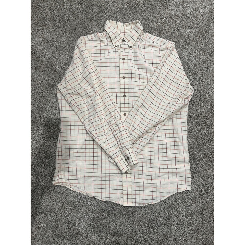 Viyella Mens Cotton Wool Blend Tattersall Check Button Down Shirt Cream Red M